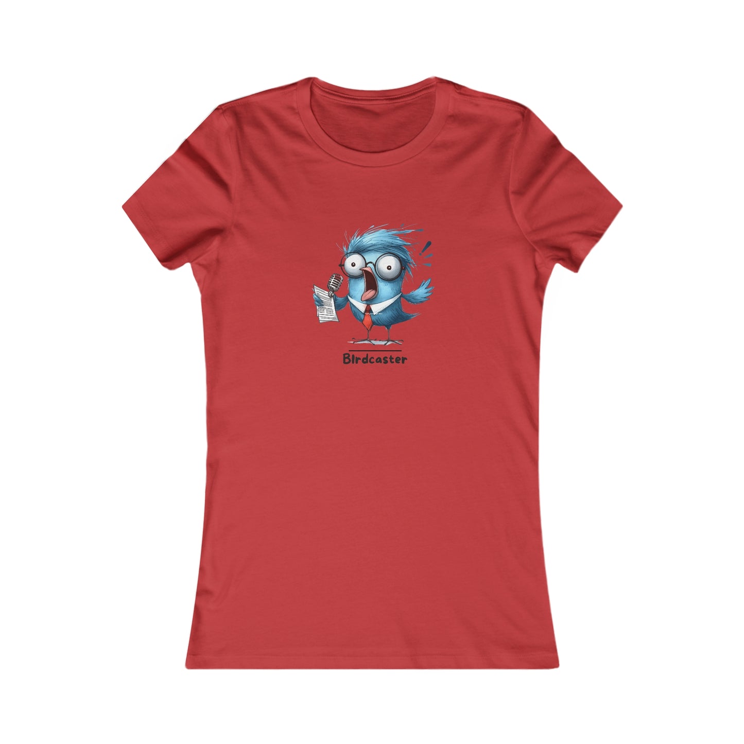 Red Printify T-Shirt with funny cartoon bird and text birdcaster punny animal shirts design