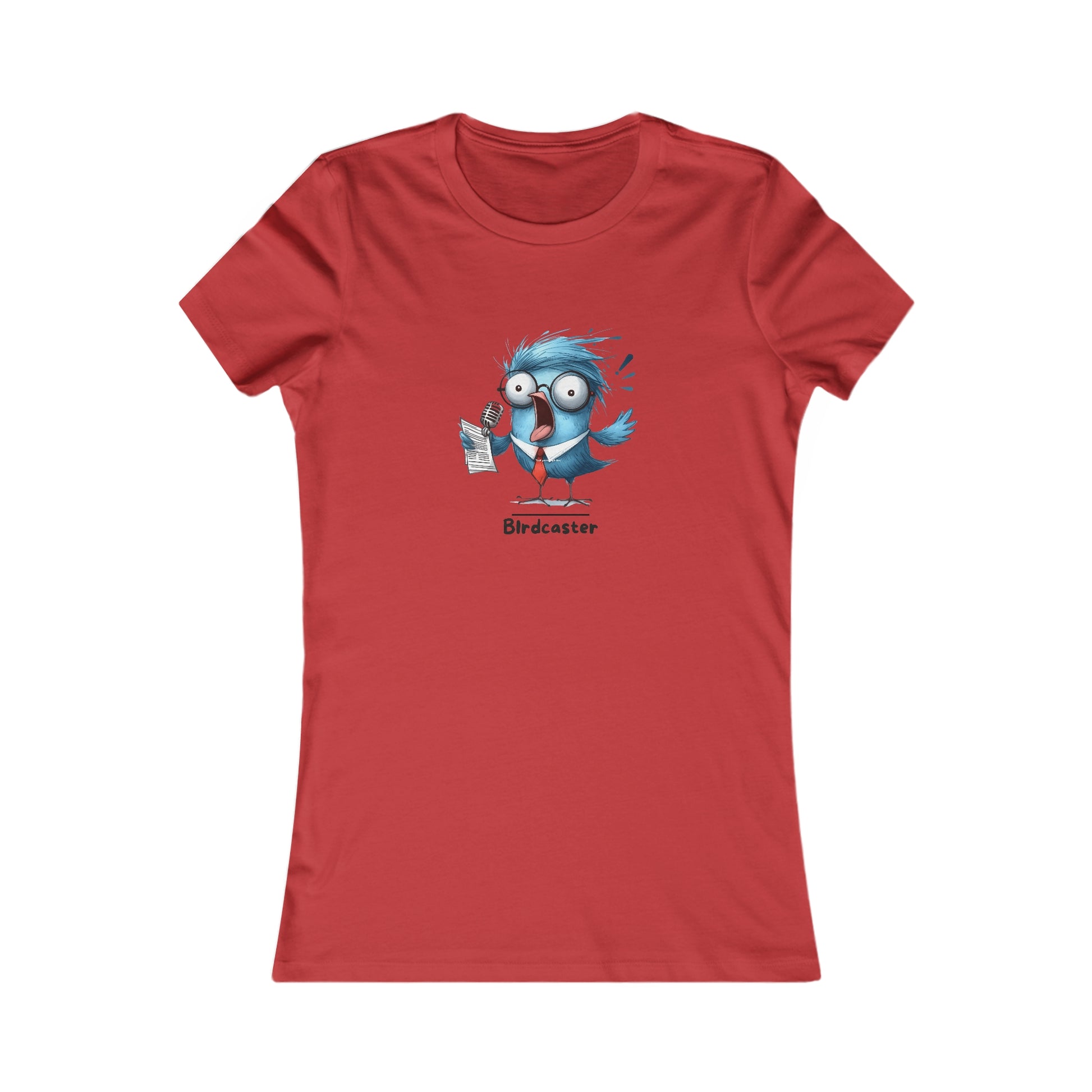 Red Printify T-Shirt with funny cartoon bird and text birdcaster punny animal shirts design