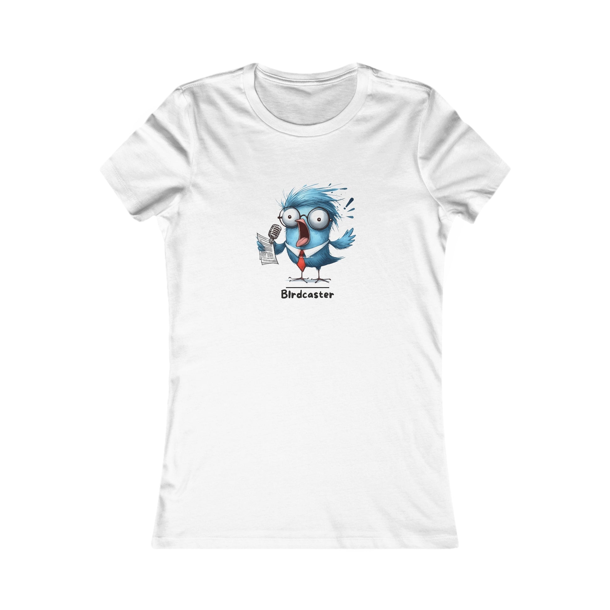 White Printify T-shirt with a funny blue bird wearing glasses and a tie holding a microphone punny animal shirts