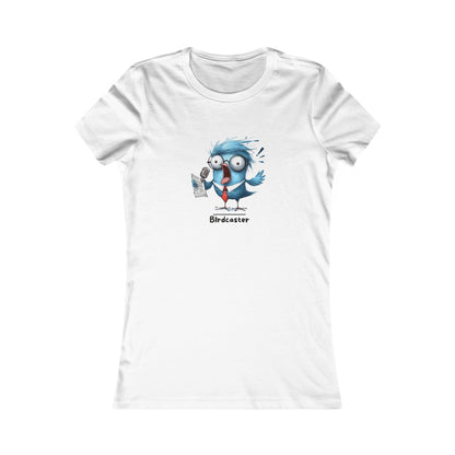 White Printify T-shirt with a funny blue bird wearing glasses and a tie holding a microphone punny animal shirts