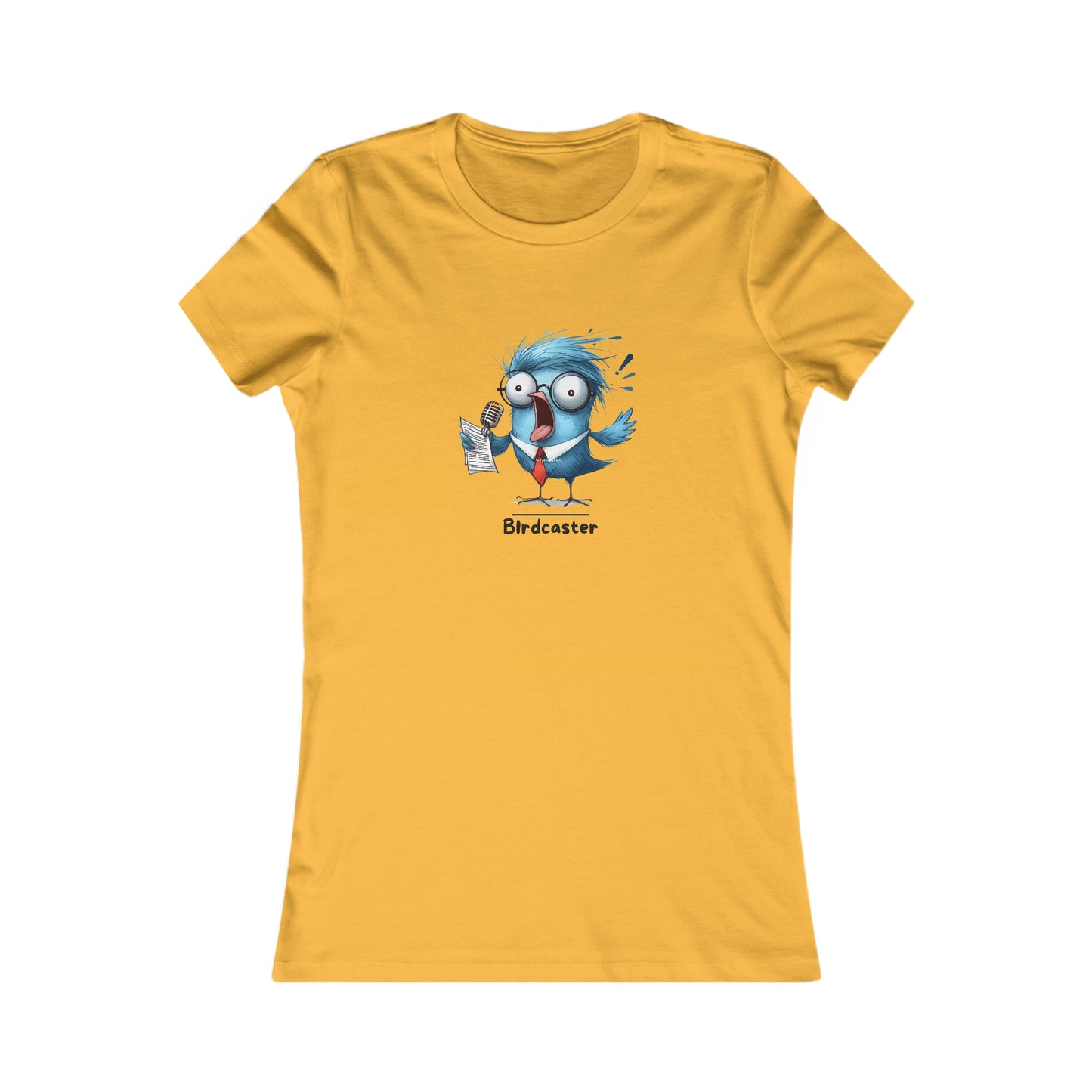 Yellow Printify T-shirt featuring a punny animal shirts design with a cartoon birdcaster character