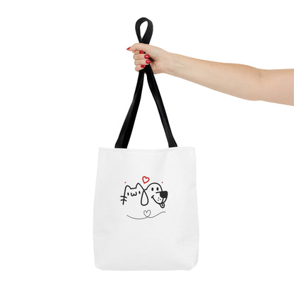 White puppy love graphic tote with black handles featuring cute cat and dog line art design