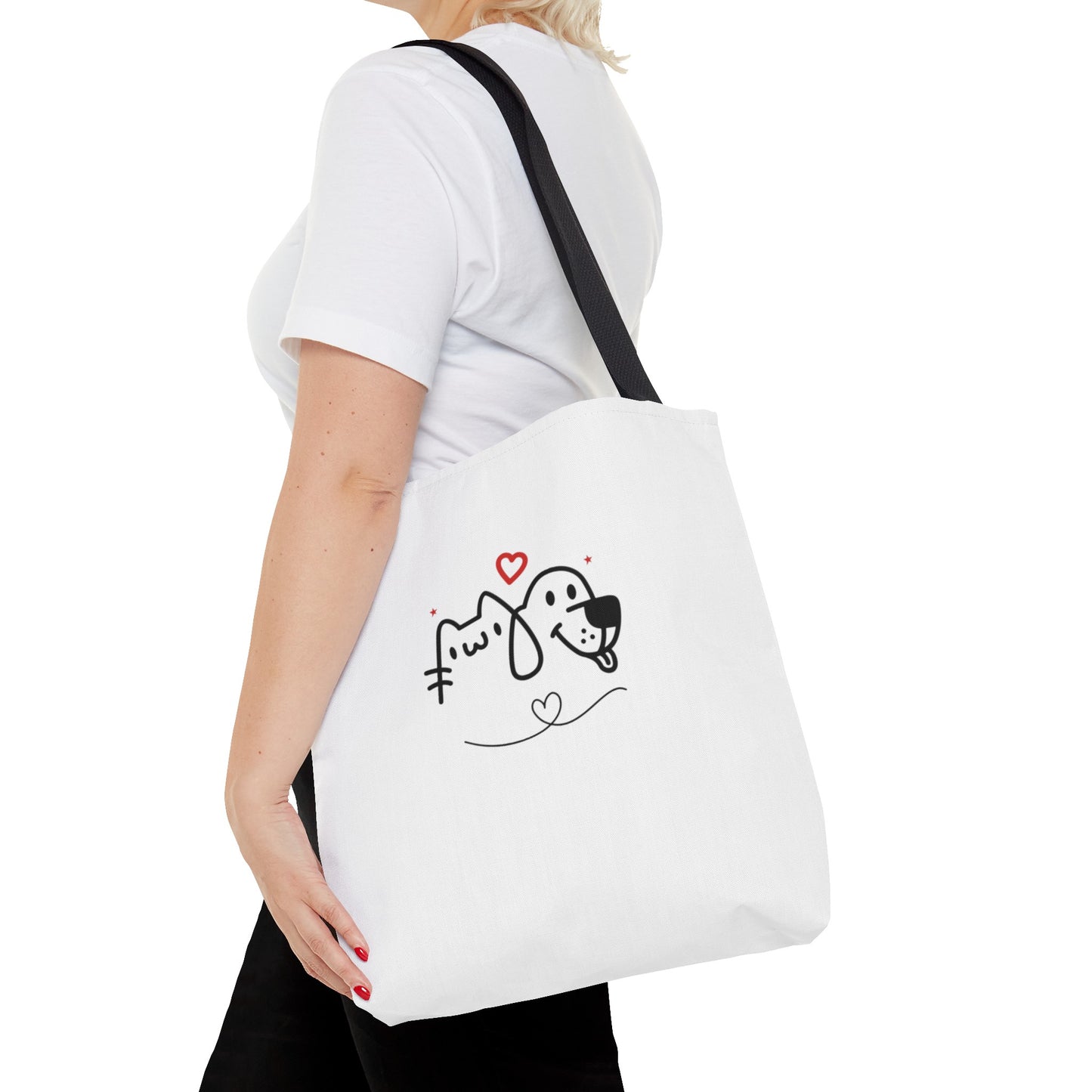White puppy love graphic tote bag with black strap featuring cute dog illustrations