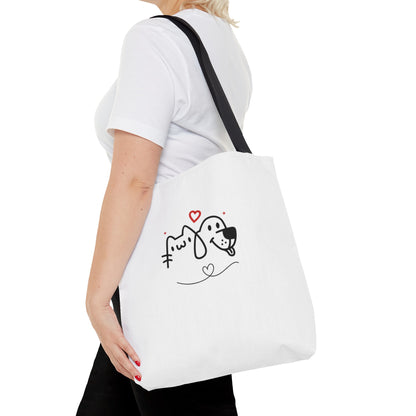 White puppy love graphic tote bag with black strap featuring cute dog illustrations