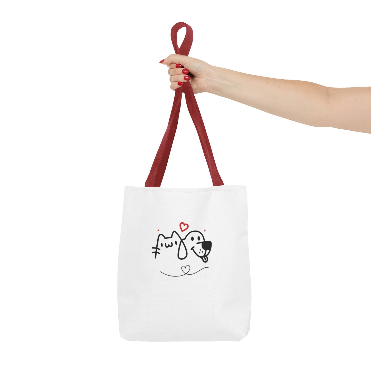 White puppy love graphic tote with red handles featuring cute dog and cat illustration
