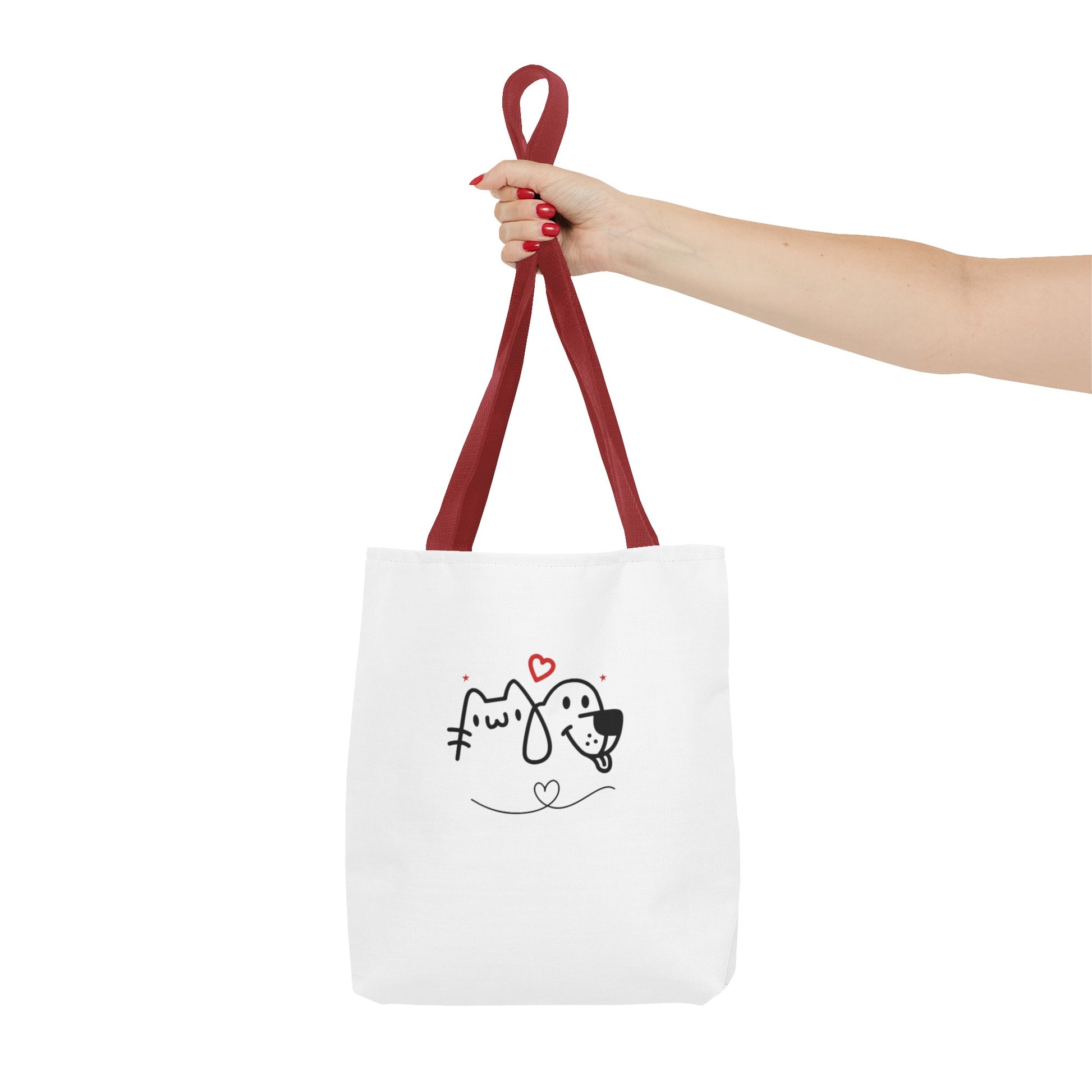 White puppy love graphic tote with red handles featuring cute dog and cat illustration