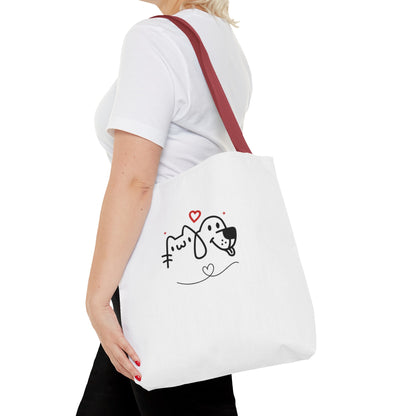 Printify puppy love graphic tote bag in white with cute dog illustration and red heart design