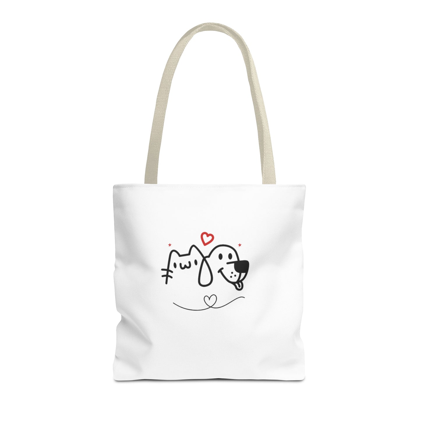 Printify white tote bag with cute puppy love graphic tote design featuring a cat and dog outline with red hearts