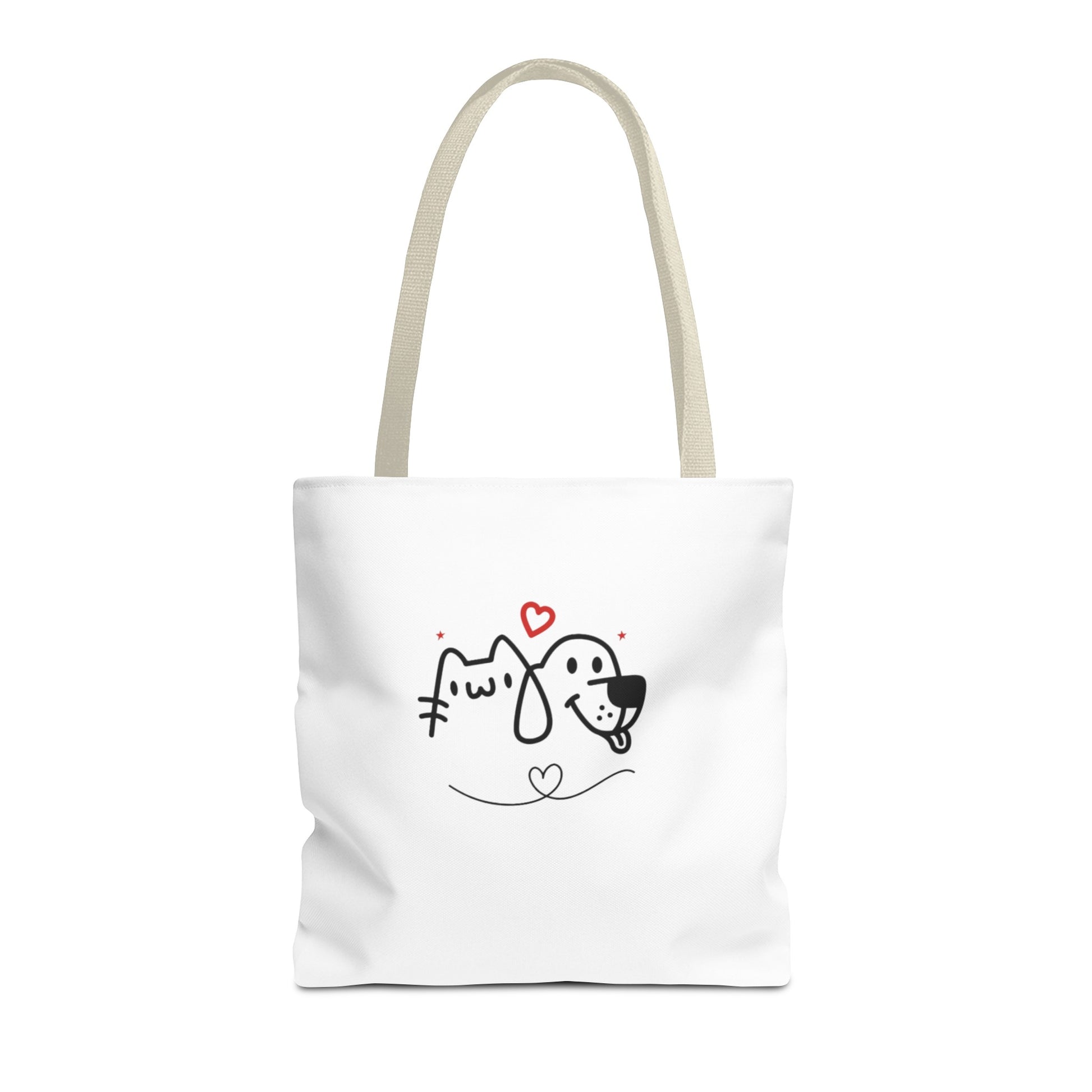 Printify white tote bag with cute puppy love graphic tote design featuring a cat and dog outline with red hearts