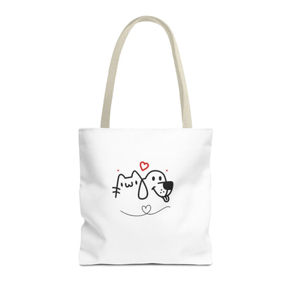 Printify white tote bag with cute puppy love graphic tote design featuring a cat and dog outline with red hearts