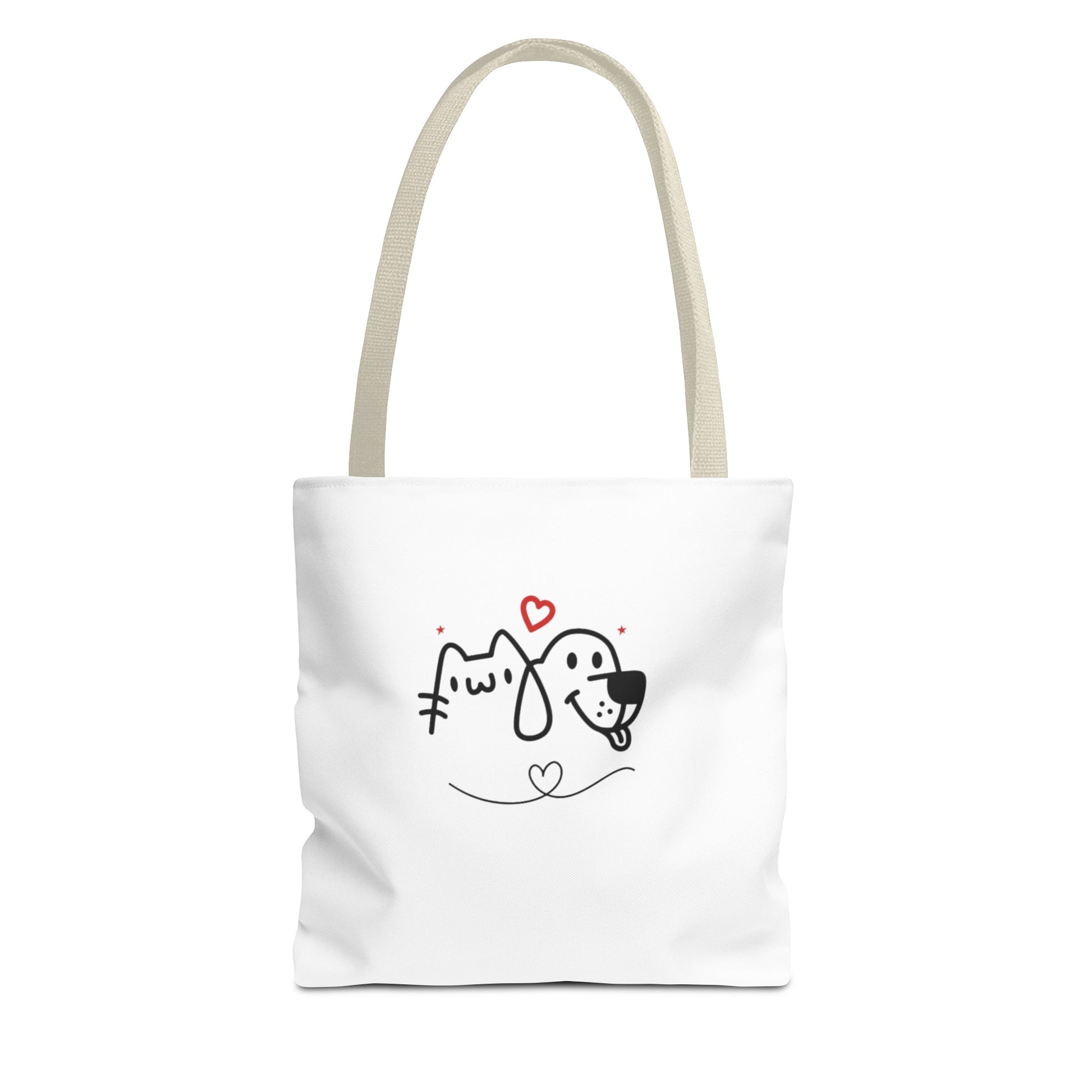 White puppy love graphic tote bag with cute black cat and dog illustration and heart details