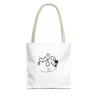 White puppy love graphic tote bag with cute black cat and dog illustration and heart details