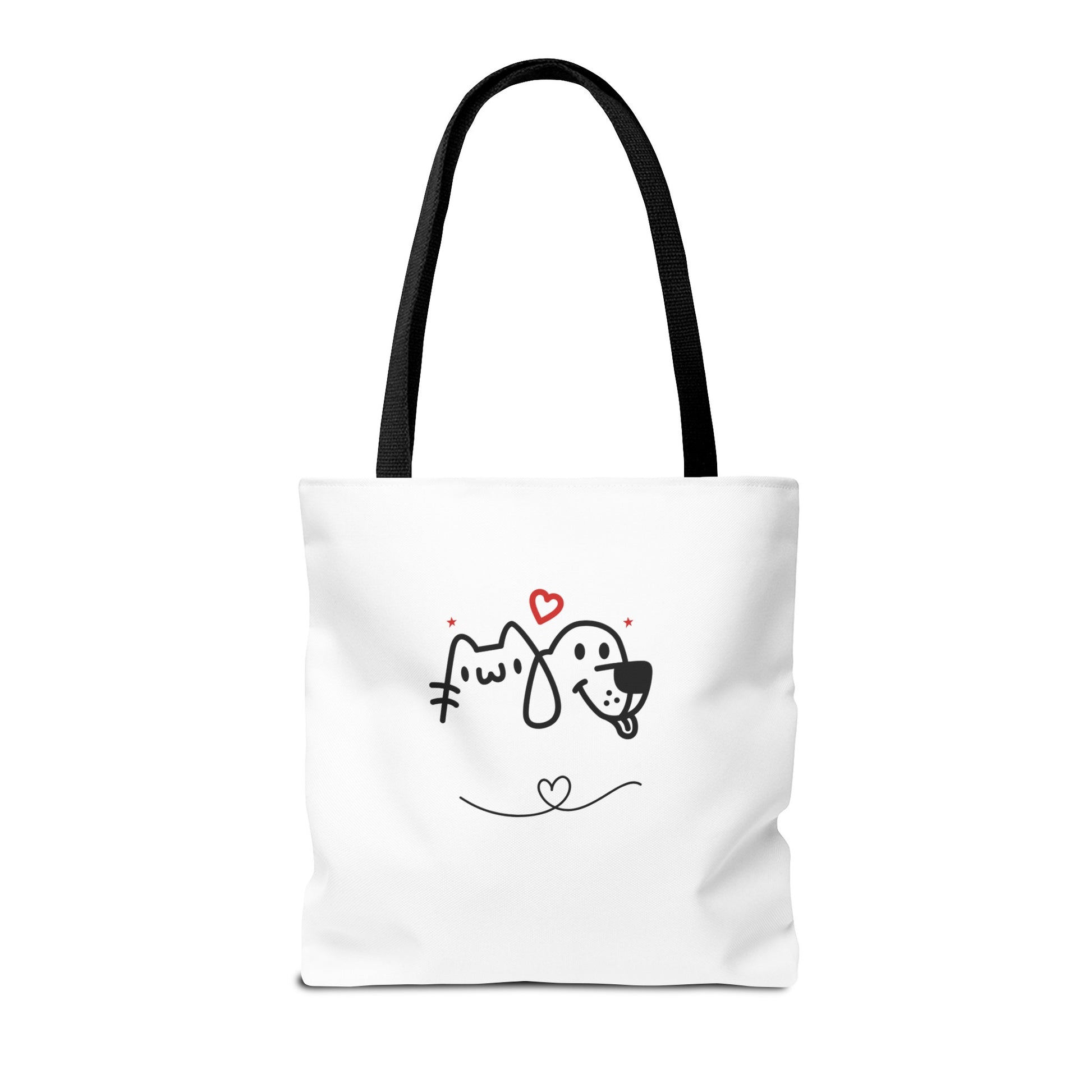 White puppy love graphic tote bag with black handles featuring cute dog and cat illustration