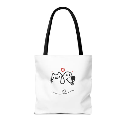 White puppy love graphic tote bag with black handles featuring cute dog and cat illustration