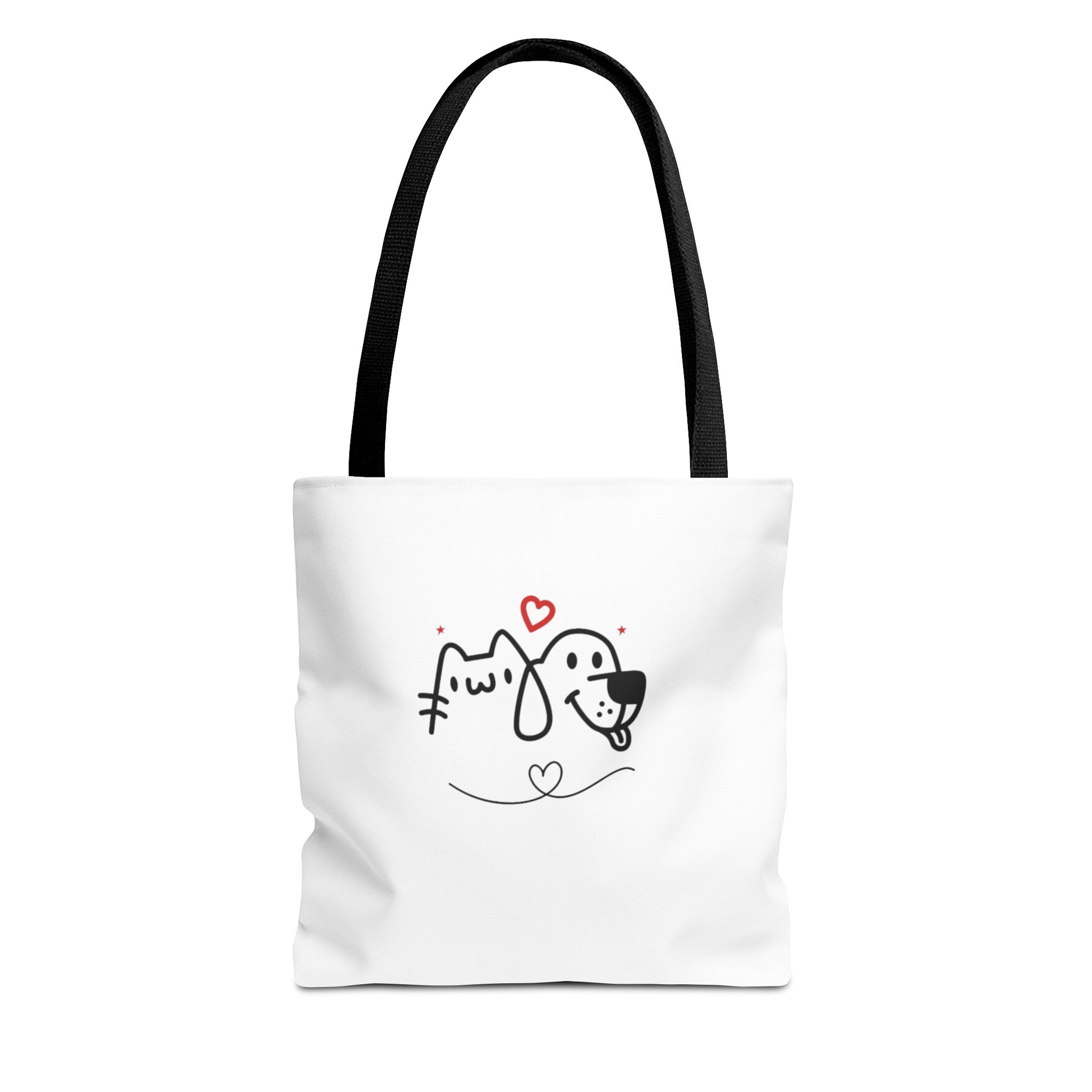 White puppy love graphic tote bag with black handles featuring a cute cat and dog design