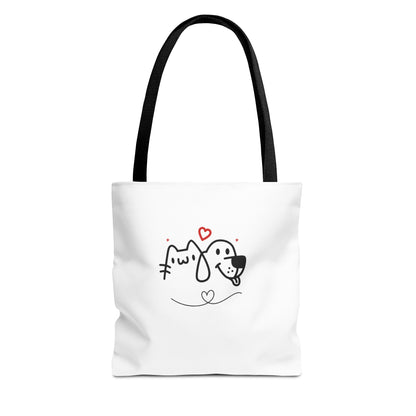 White puppy love graphic tote bag with black handles featuring a cute cat and dog design
