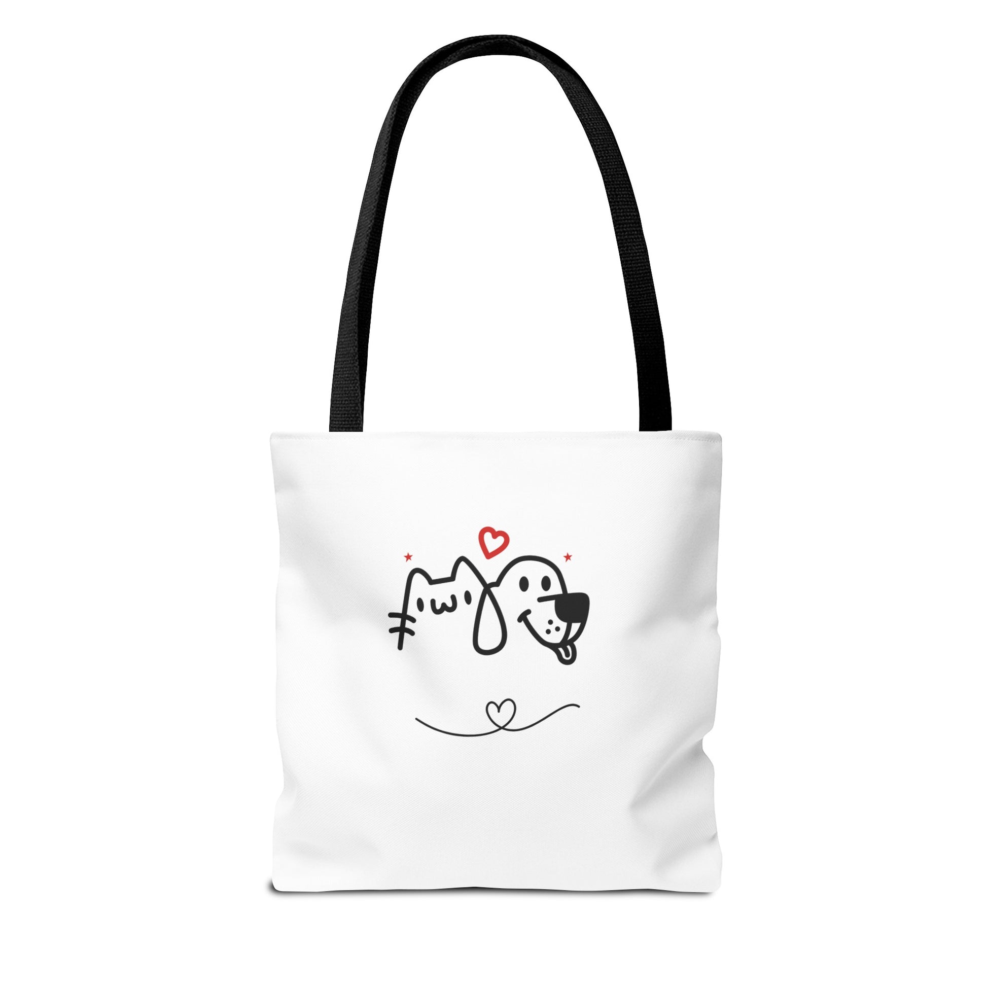 White tote bag with black handles featuring a cute puppy love graphic tote design with cat and dog illustration