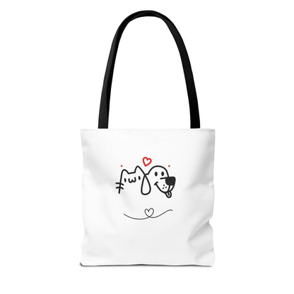 White tote bag with black handles featuring a cute puppy love graphic tote design with cat and dog illustration