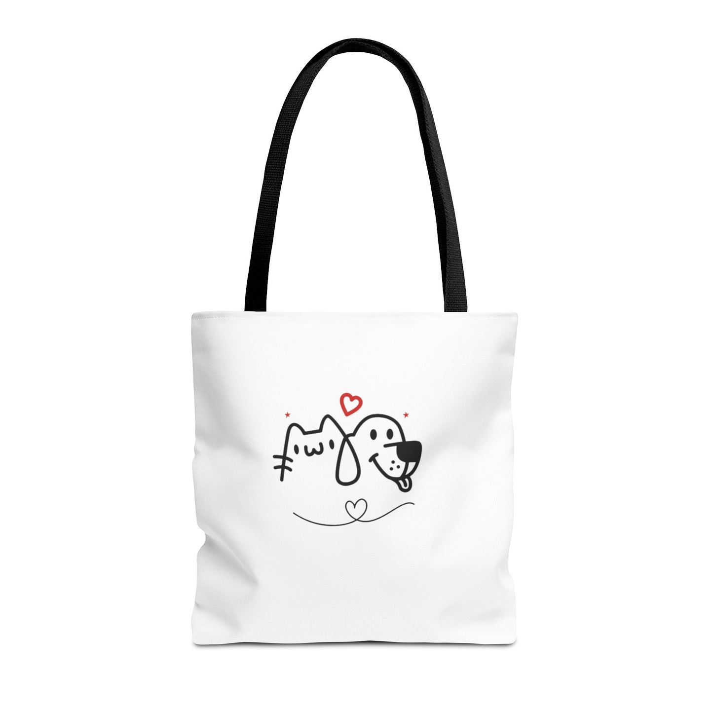 Printify puppy love graphic tote bag with cute cat and dog line art design and black handles