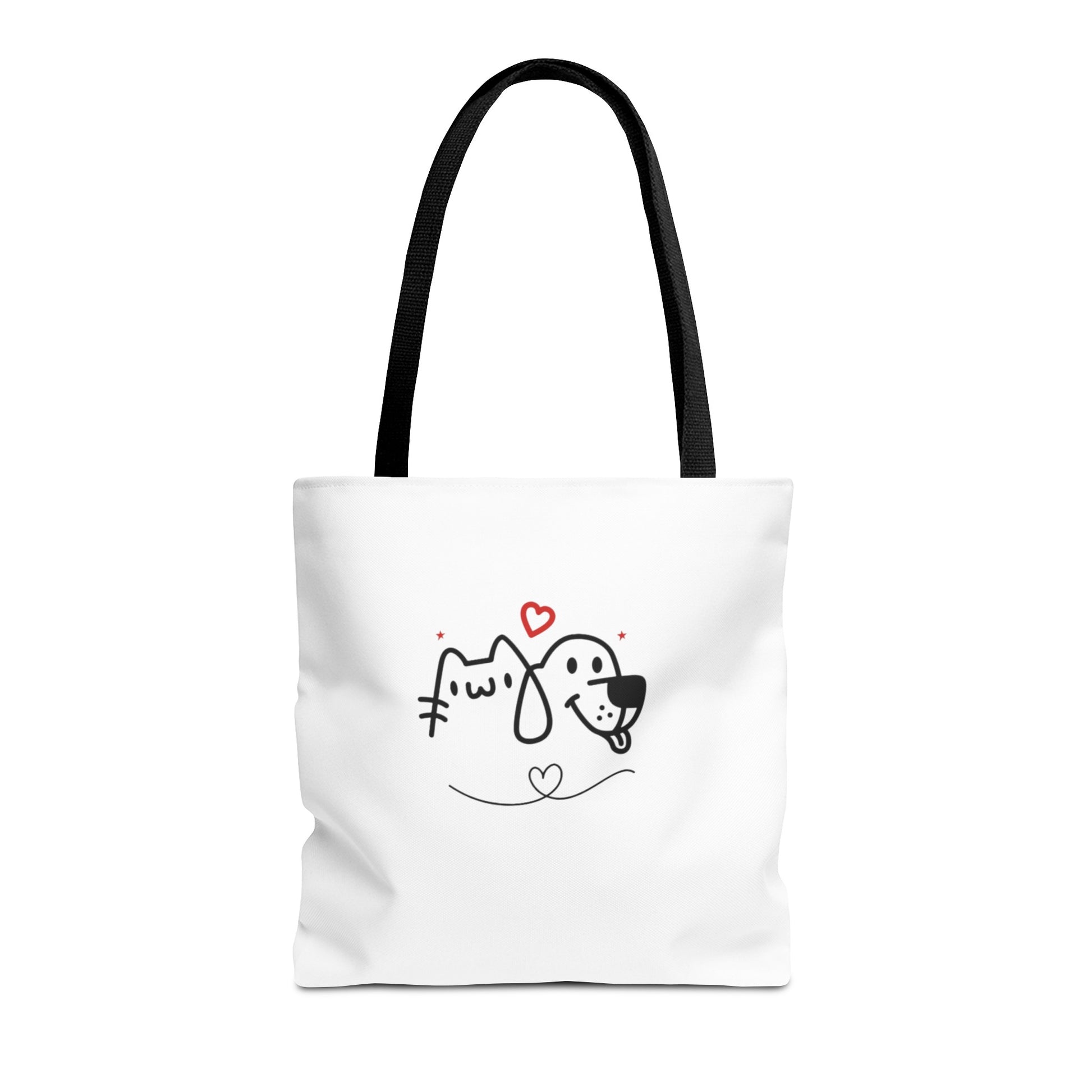 Printify puppy love graphic tote bag with cute cat and dog line art design and black handles