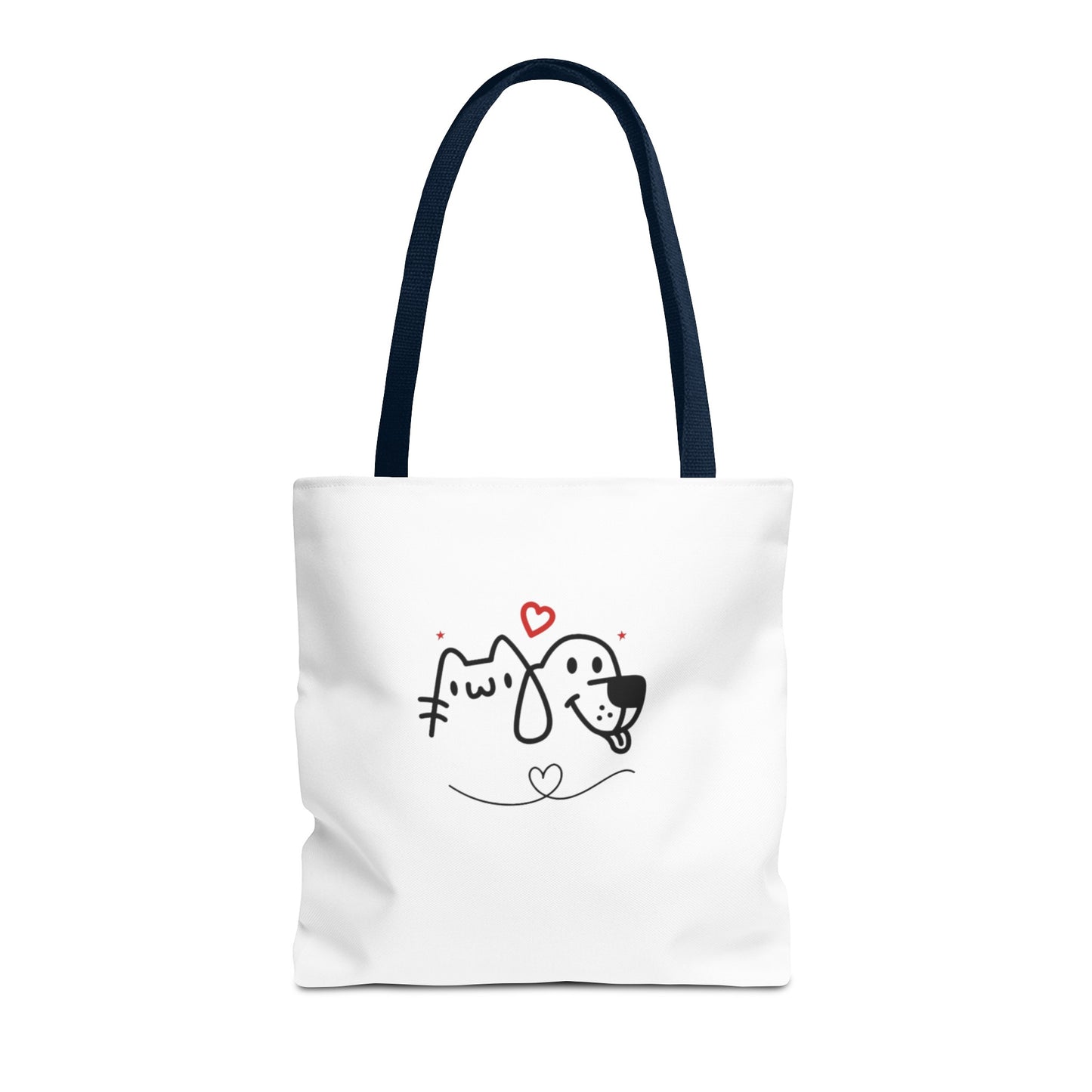 Printify puppy love graphic tote bag with black cat and dog design on white fabric and black handles