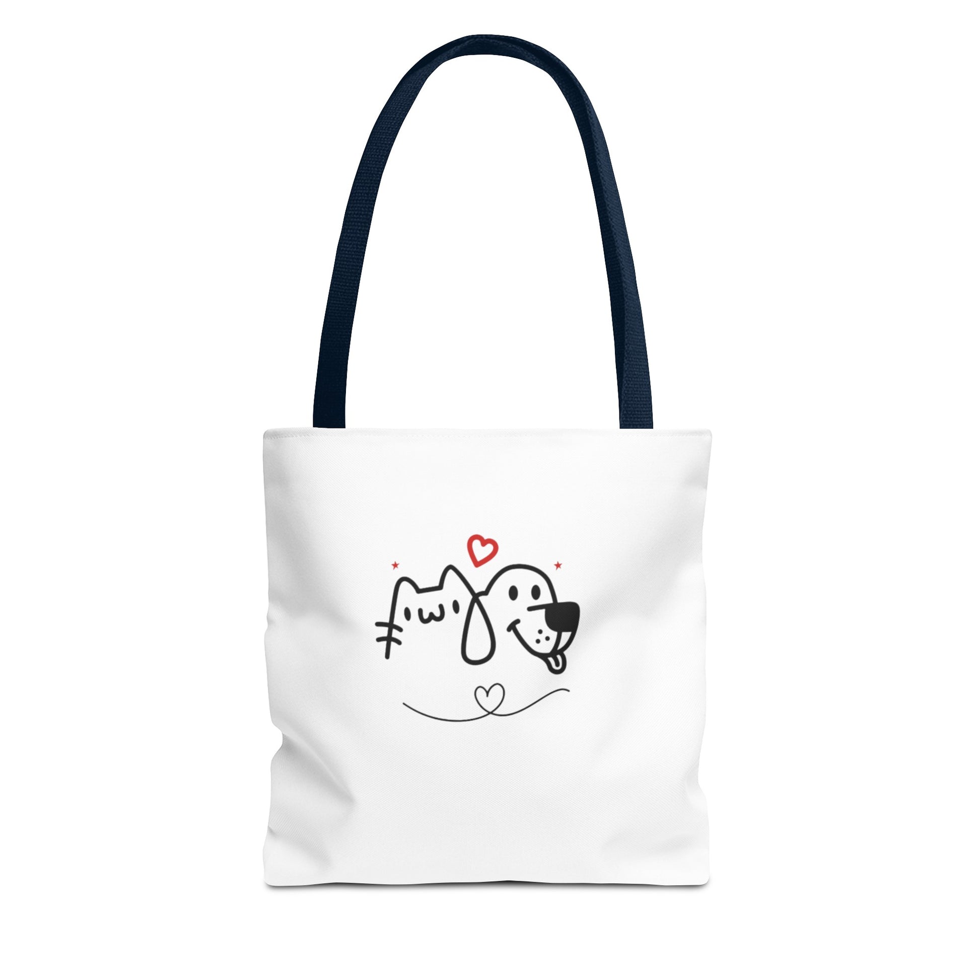 White tote bag with black straps featuring puppy love graphic tote design of cat and dog with hearts