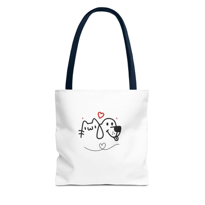 White tote bag with black straps featuring puppy love graphic tote design of cat and dog with hearts