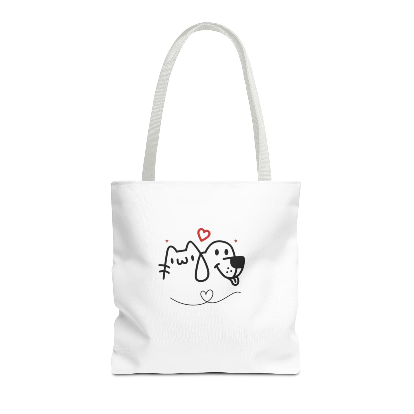 White puppy love graphic tote bag with cute cat and dog cartoon design and heart accents