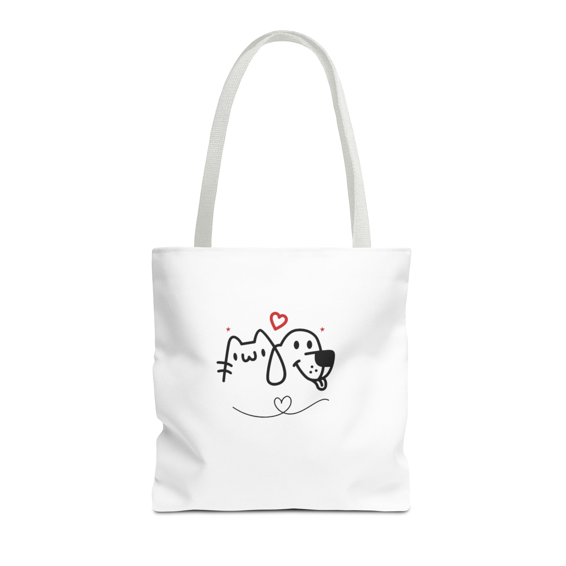 White puppy love graphic tote bag with cute cat and dog cartoon design and heart accents