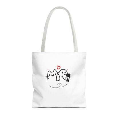 White puppy love graphic tote bag with cute cat and dog cartoon design and heart accents
