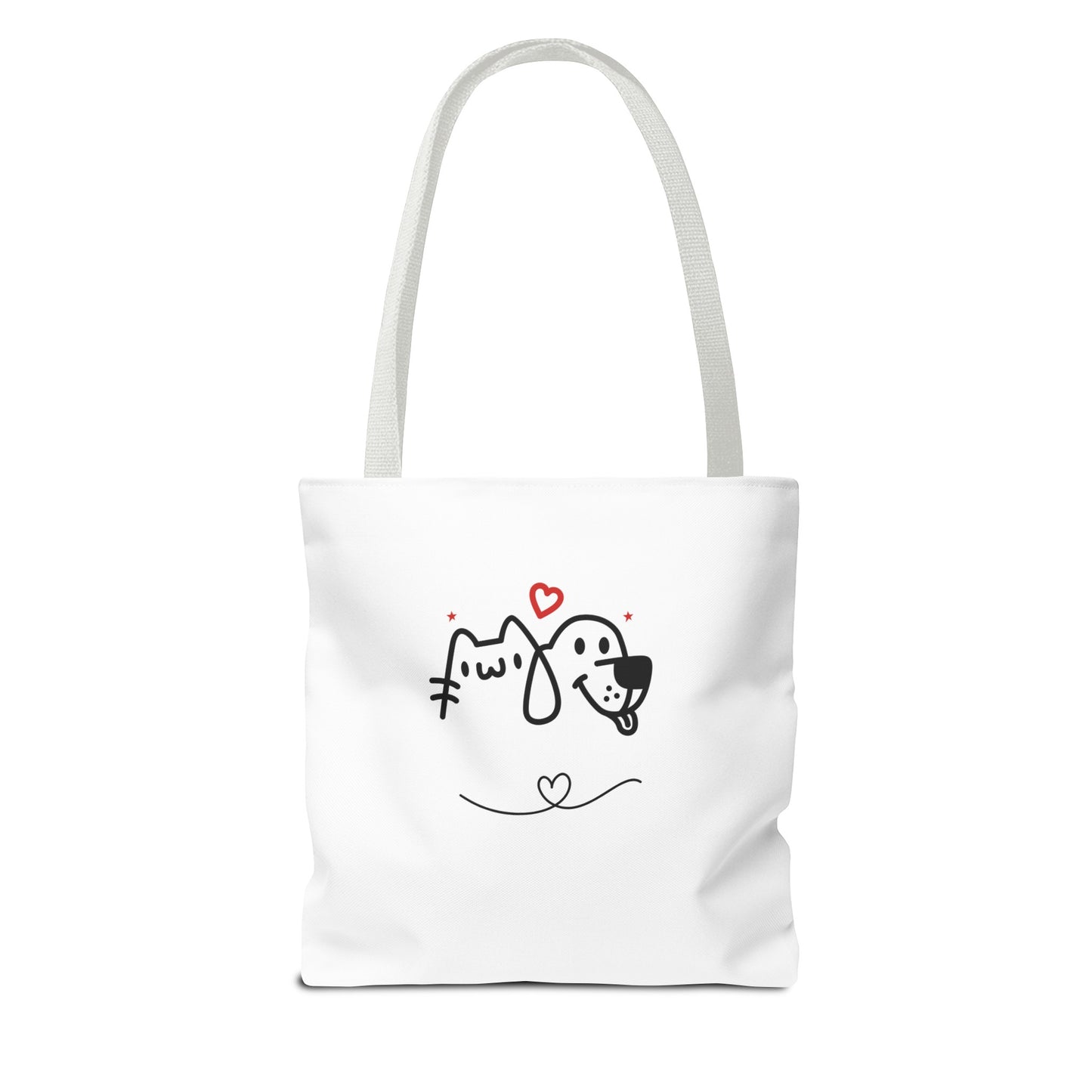 White puppy love graphic tote bag with cute cat and dog illustration and red hearts