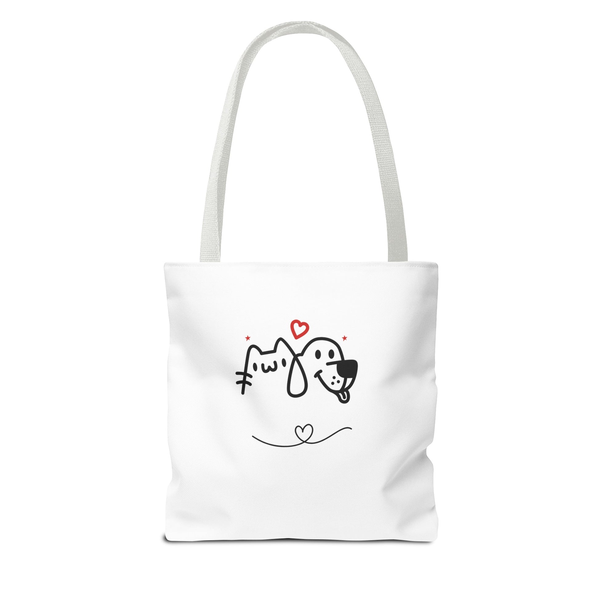 White puppy love graphic tote bag with cute cat and dog illustration and red hearts