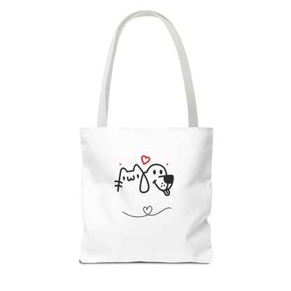 White puppy love graphic tote bag with cute cat and dog illustration and red hearts