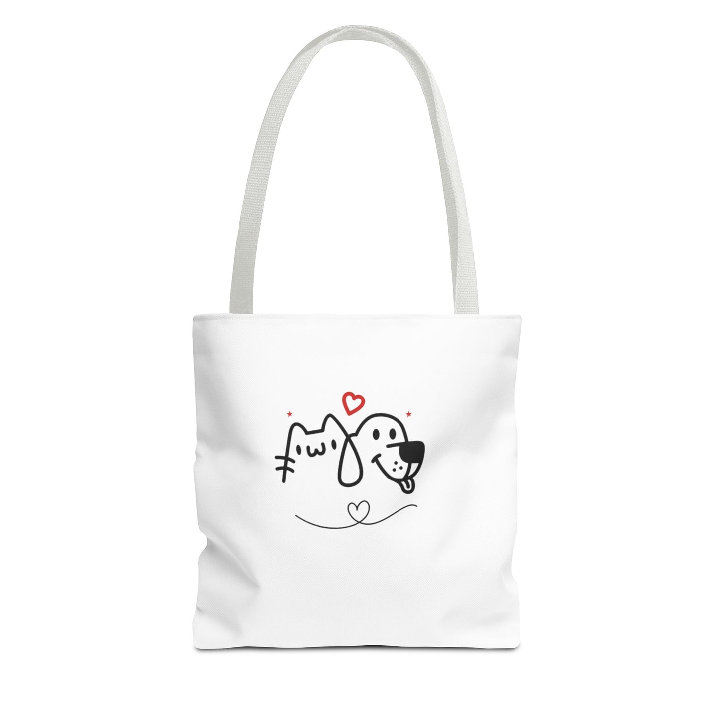 White puppy love graphic tote with cute cat and dog line art and red heart design