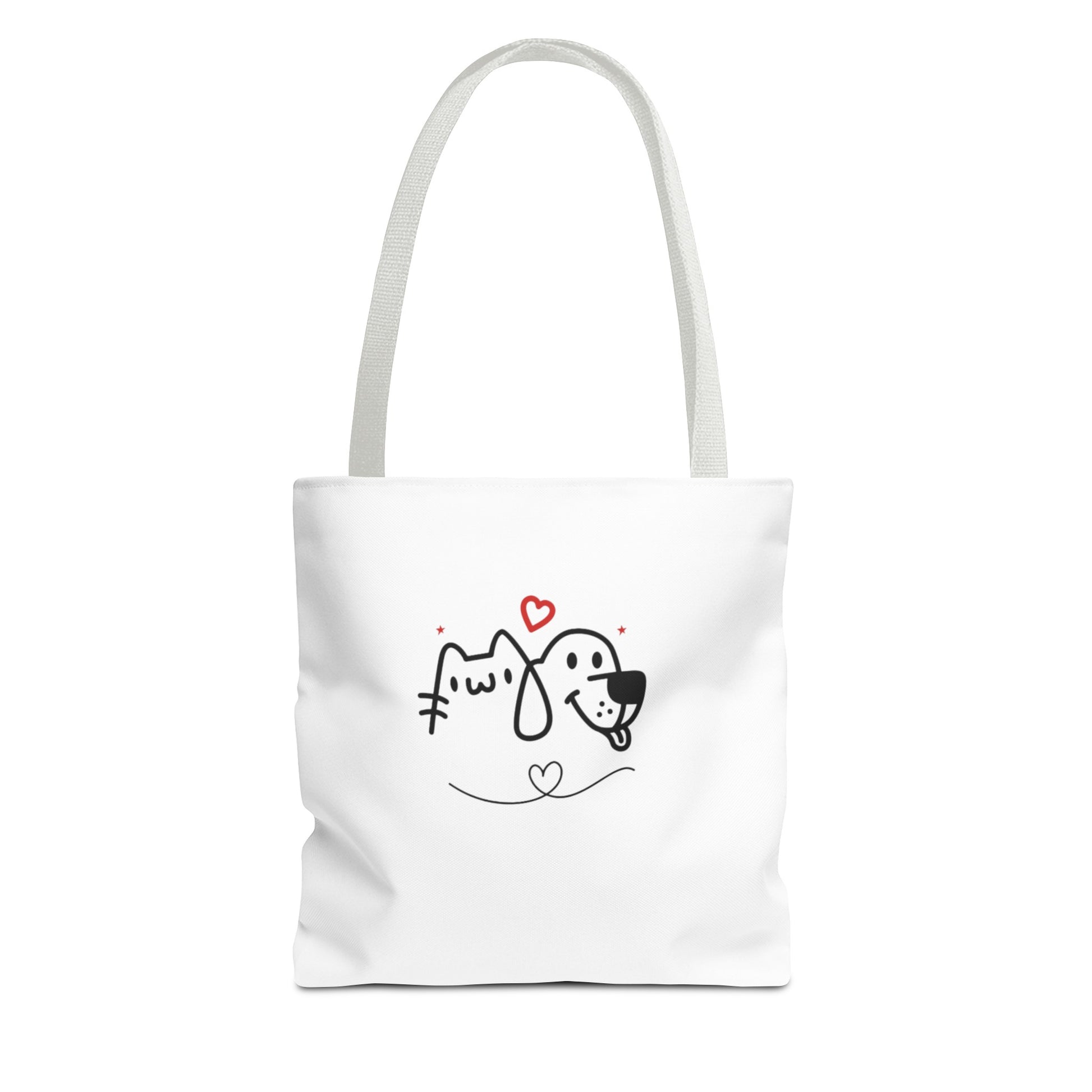 White puppy love graphic tote with cute cat and dog line art and red heart design