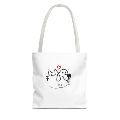 White puppy love graphic tote with cute cat and dog line art and red heart design