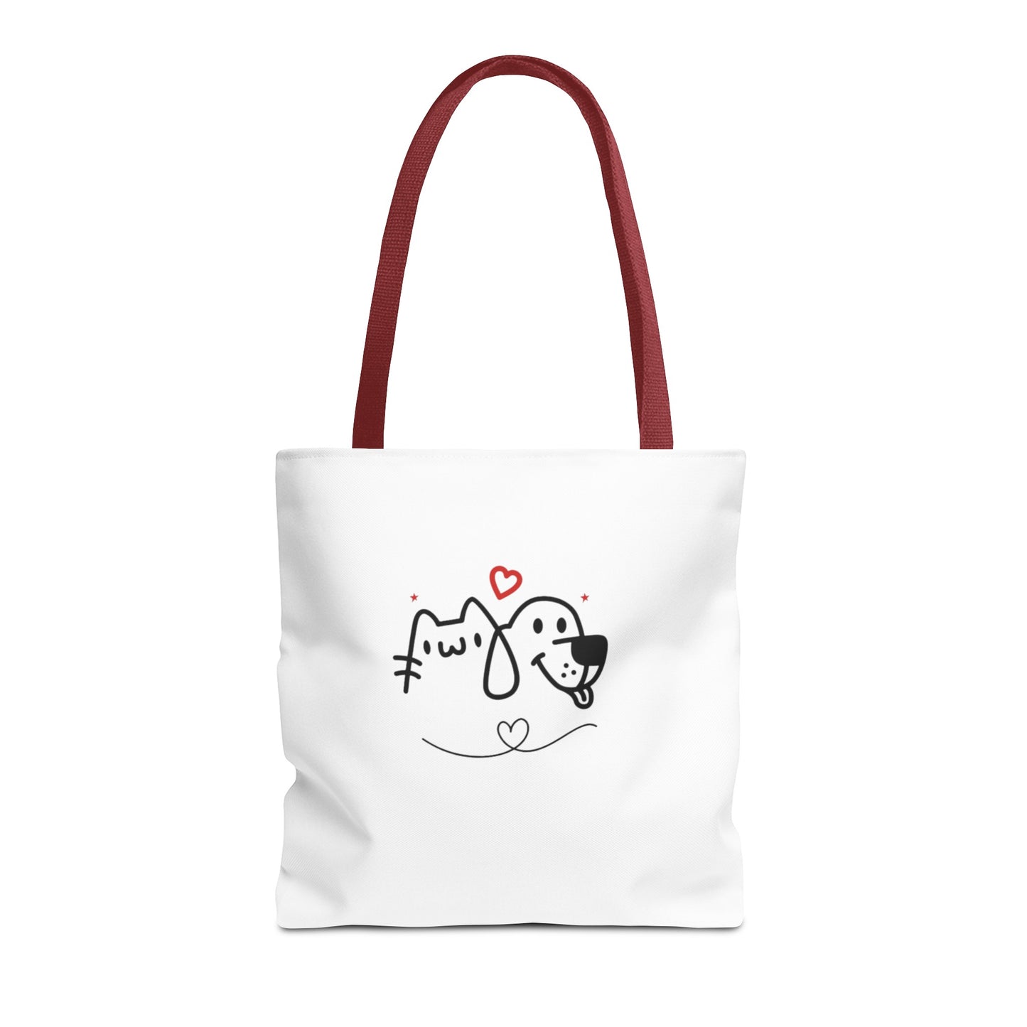 Printify puppy love graphic tote with cute cat and dog illustration on white bag with red handles