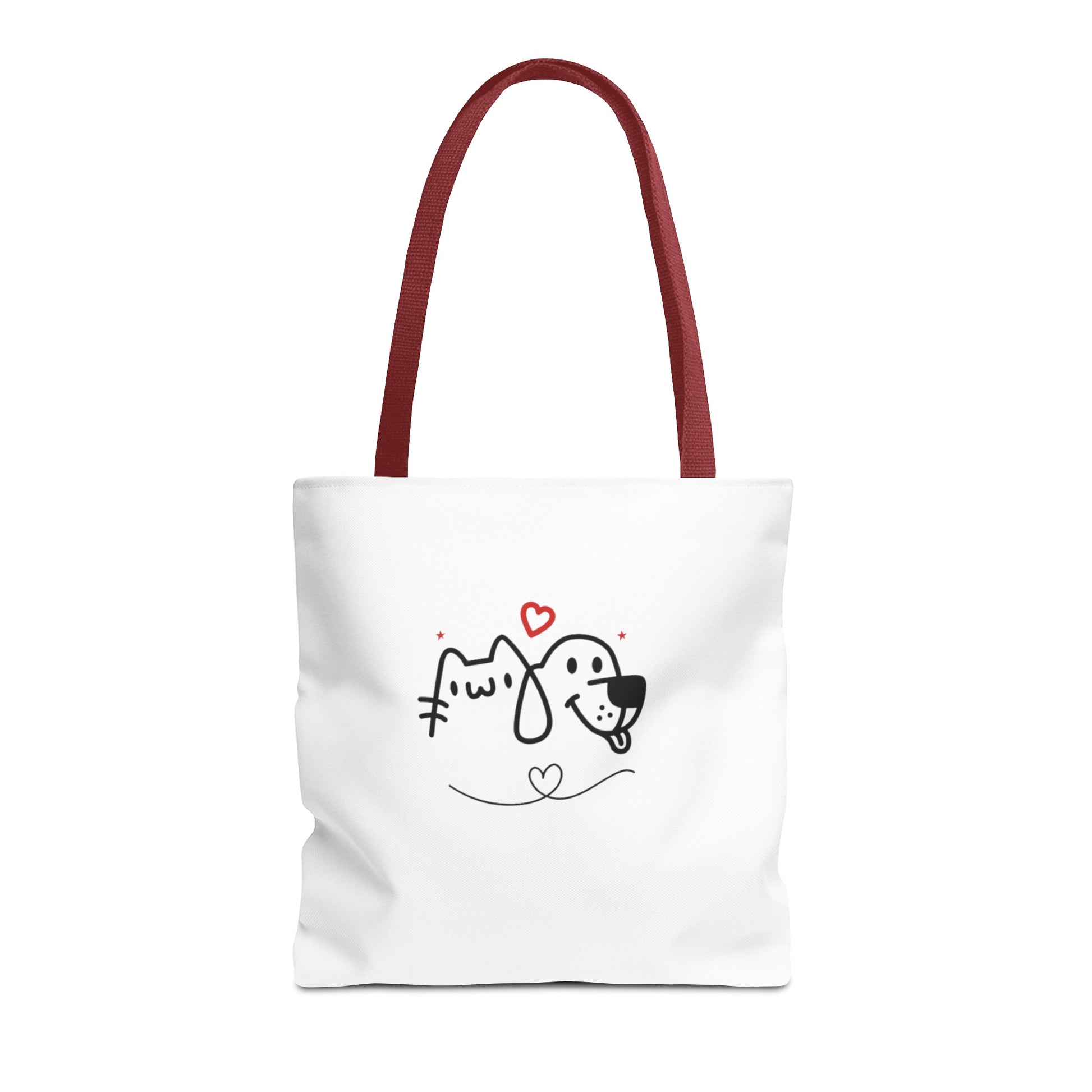 Printify puppy love graphic tote with cute cat and dog illustration on white bag with red handles
