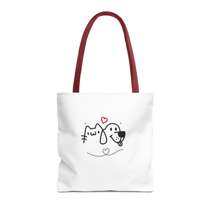 Printify puppy love graphic tote with cute cat and dog illustration on white bag with red handles
