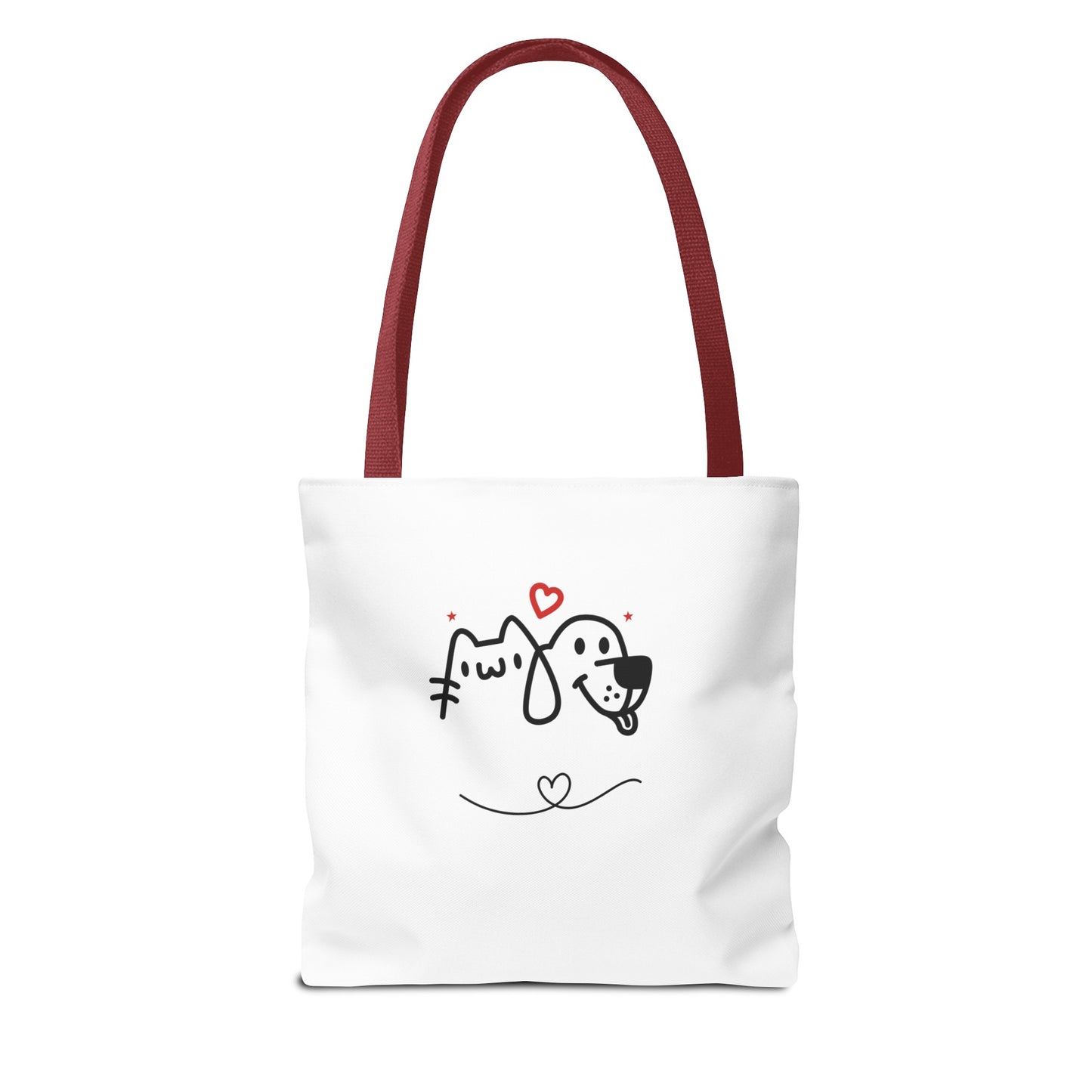 White tote bag with red handles featuring cute puppy love graphic tote design with dog and cat illustration