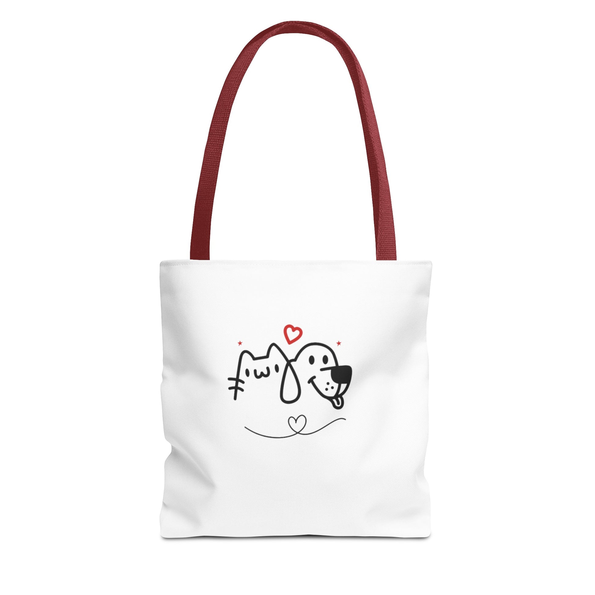White tote bag with red handles featuring a puppy love graphic tote design of a cat and dog with heart accents