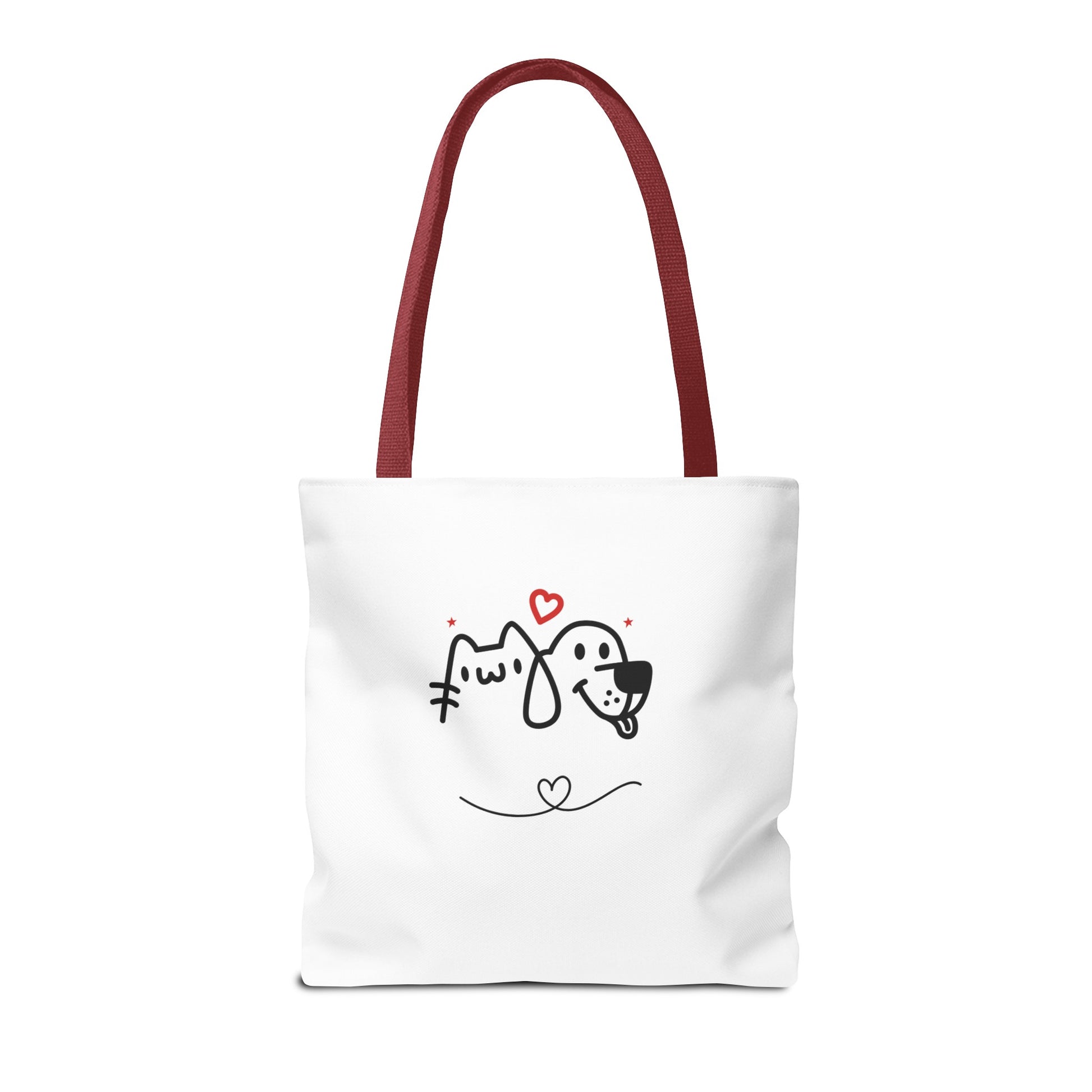 White tote bag with burgundy handles featuring a puppy love graphic tote design of a cat and dog with hearts