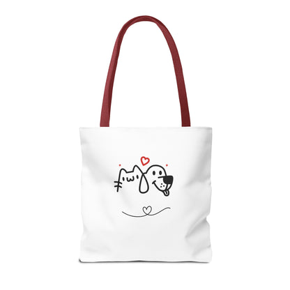 White tote bag with burgundy handles featuring a puppy love graphic tote design of a cat and dog with hearts