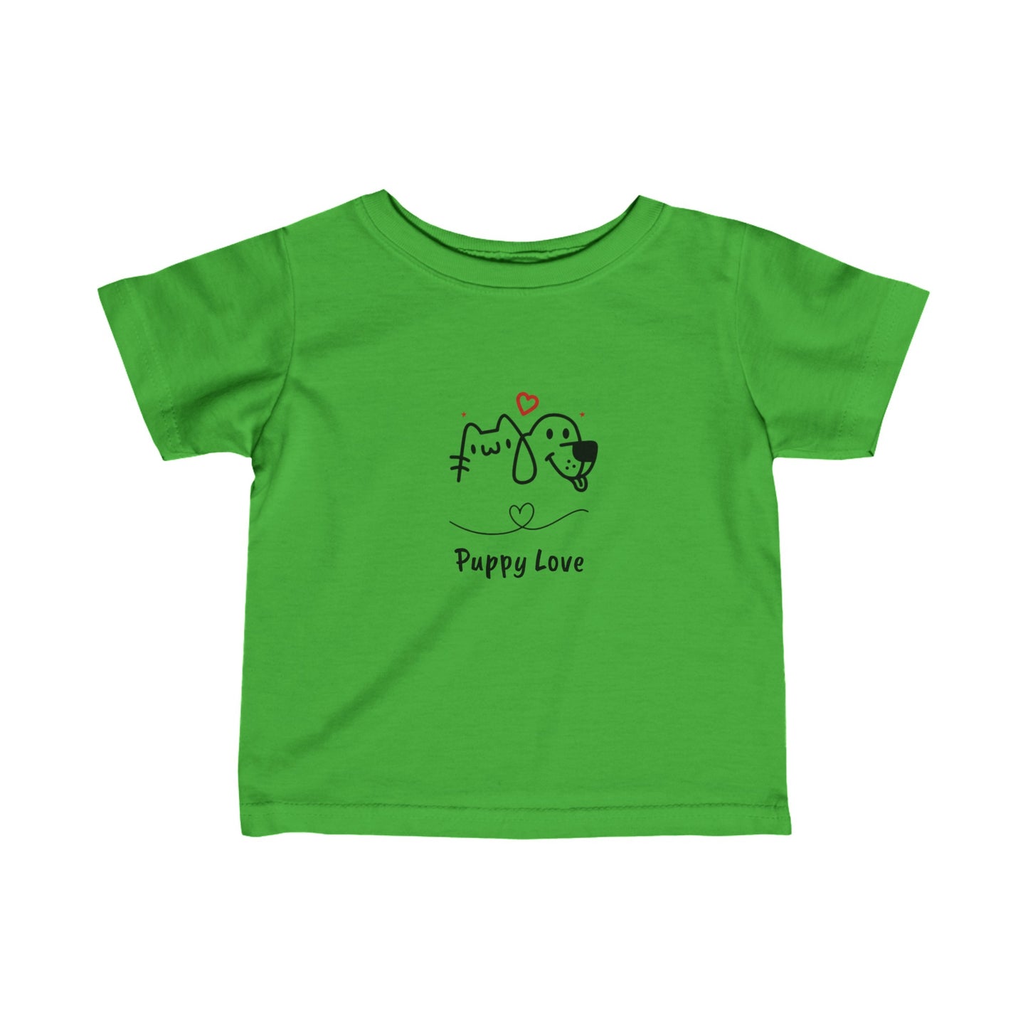 Green puppy love infant t-shirt with cute cat and dog graphic printed by Printify