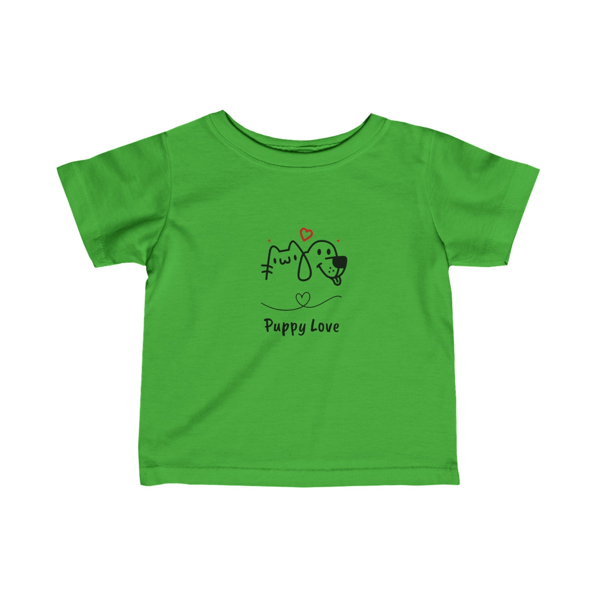 Green puppy love infant t-shirt with cute cat and dog graphic printed by Printify