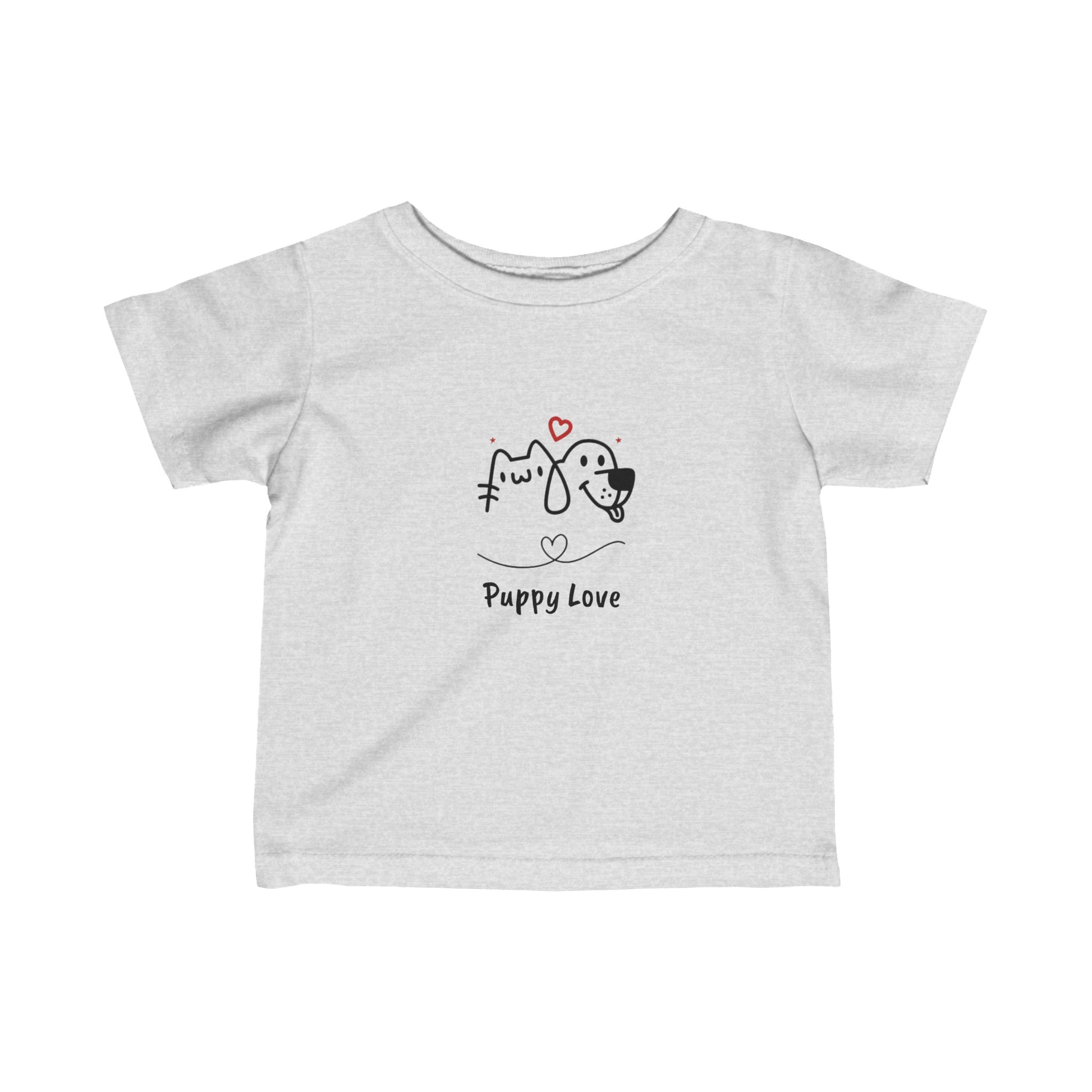 Printify puppy love infant t-shirt in light gray with cute dog graphic and heart design