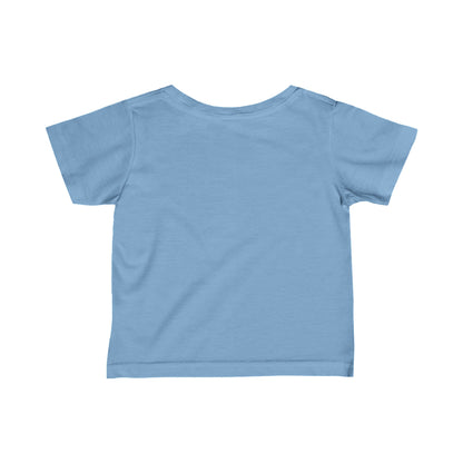 Back view of a light blue puppy love infant t-shirt for kids made by Printify