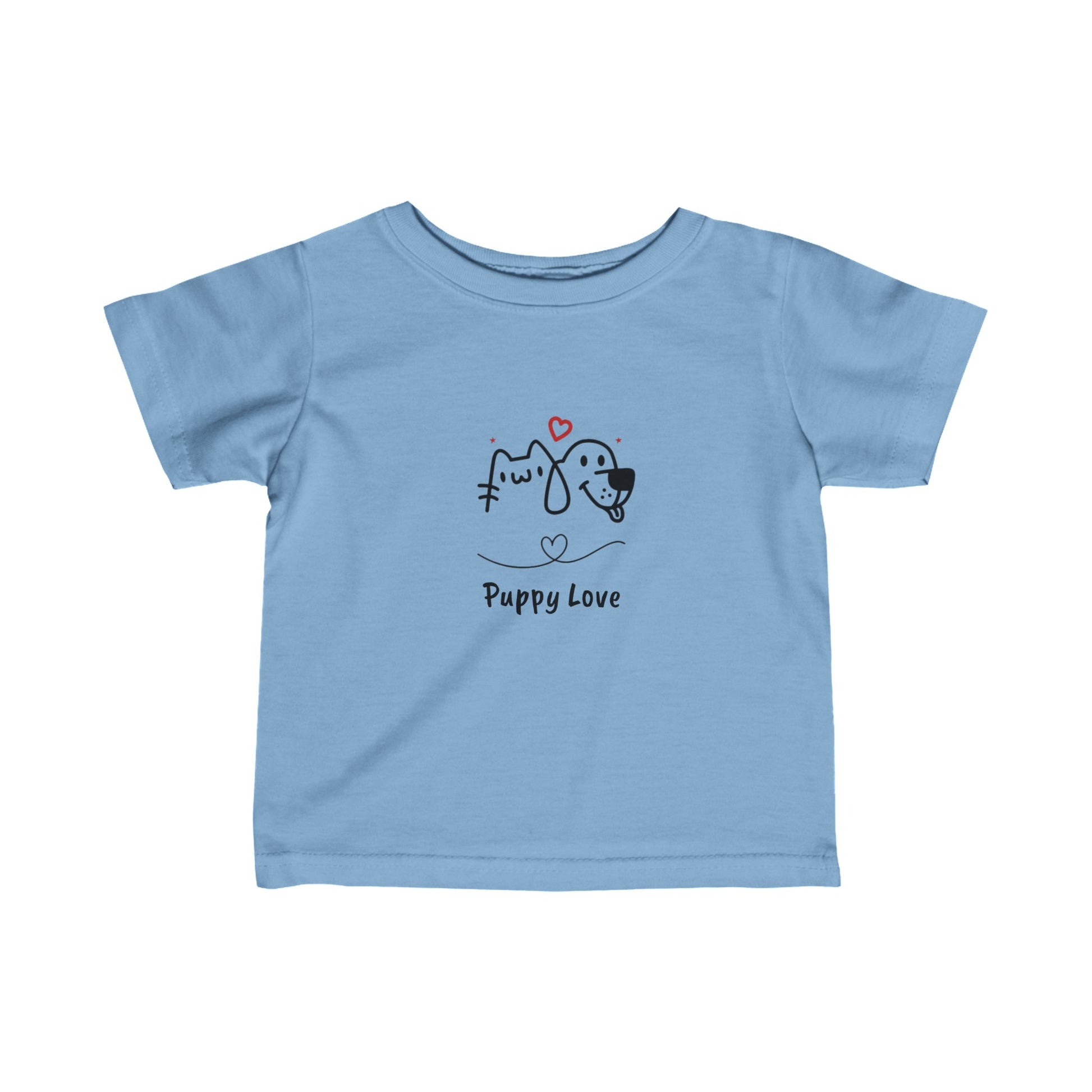 Light blue puppy love infant t-shirt with cute cat and dog illustration by Printify