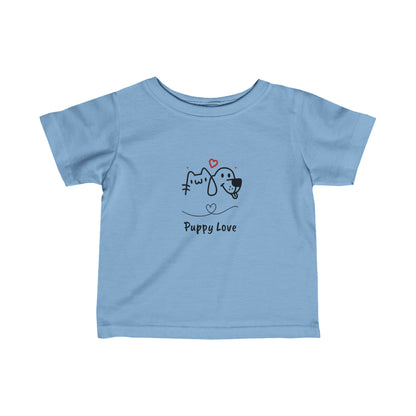 Light blue puppy love infant t-shirt with cute cat and dog illustration by Printify