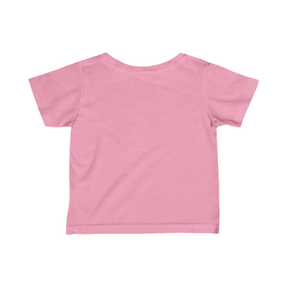 Back view of a pink puppy love infant t-shirt made by Printify for babies